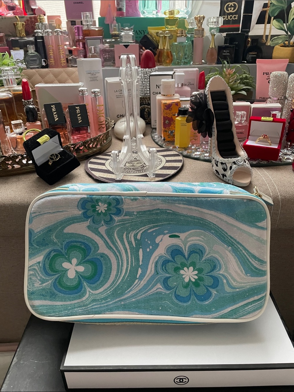 ✨Estée Lauder Aqua Blue Canvas Cosmetic Zipper Pouch✨Preloved
